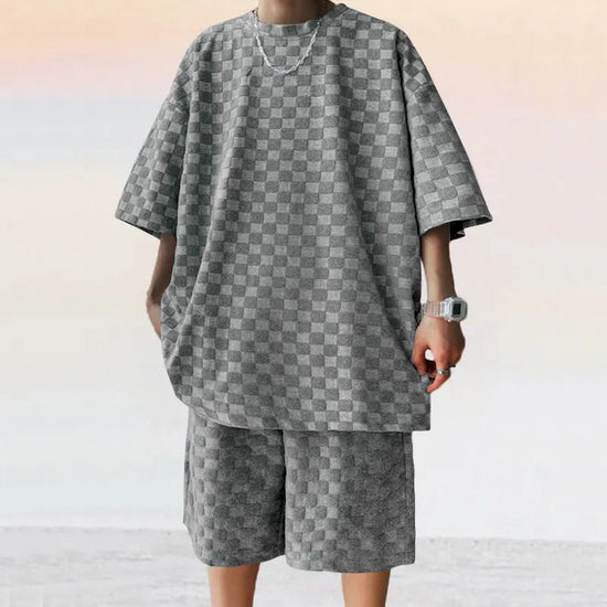 Dark gray jacquard plaid casual shorts suit with loose straight fit from Dropshipman, perfect for relaxed everyday wear.