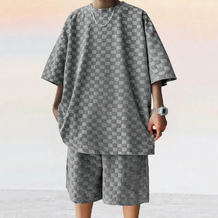 Dark gray jacquard plaid casual shorts suit with loose straight fit from Dropshipman, perfect for relaxed everyday wear.