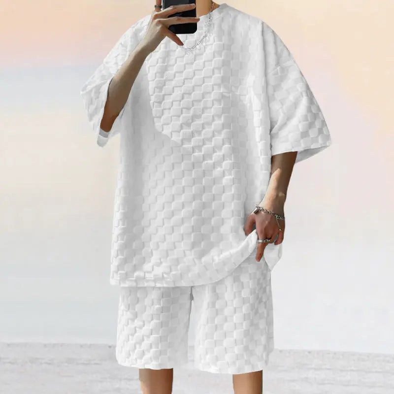 Dark gray Jacquard plaid casual shorts suit with loose straight fit, designed for a comfortable and stylish look.