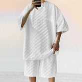 Dark gray Jacquard plaid casual shorts suit with loose straight fit, designed for a comfortable and stylish look.