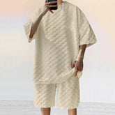 Dark gray jacquard plaid loose straight casual shorts suit by Dropshipman, featuring a comfortable, stylish design.
