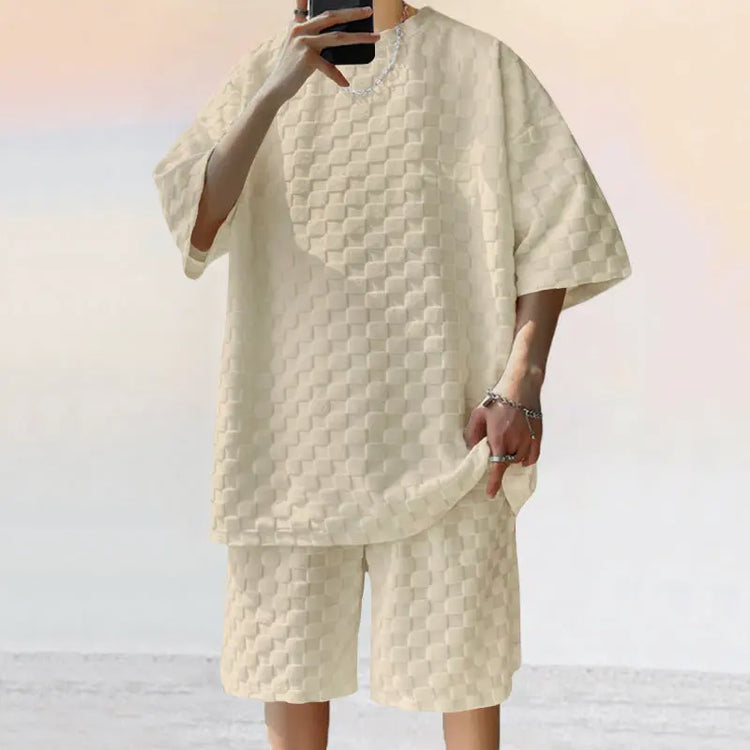 Dark gray jacquard plaid loose straight casual shorts suit by Dropshipman, featuring a comfortable, stylish design.