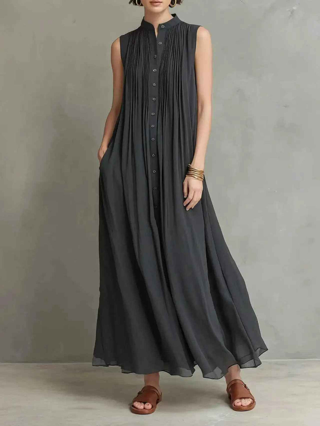 Minimalist Loose-fit Chiffon Single-breasted Sleeveless Maxi Dress