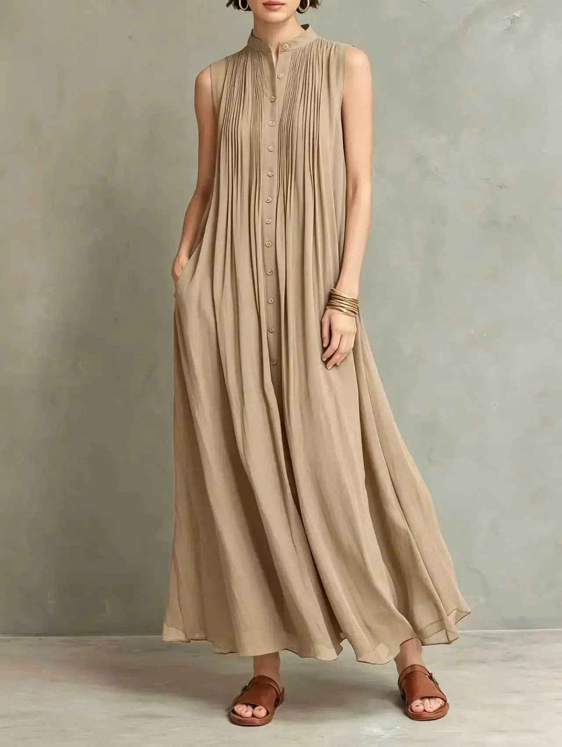 Minimalist Loose-fit Chiffon Single-breasted Sleeveless Maxi Dress