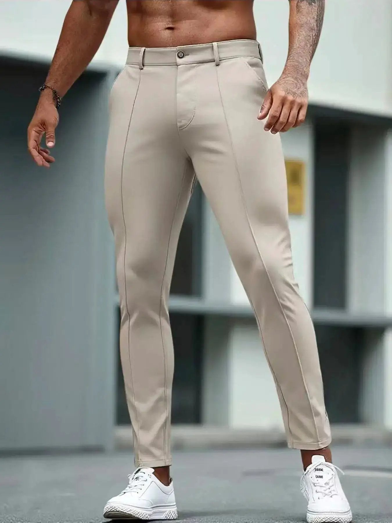 Mens Slim-Fit Solid-Color Stretch Cropped Dress Trousers by Dropshipman