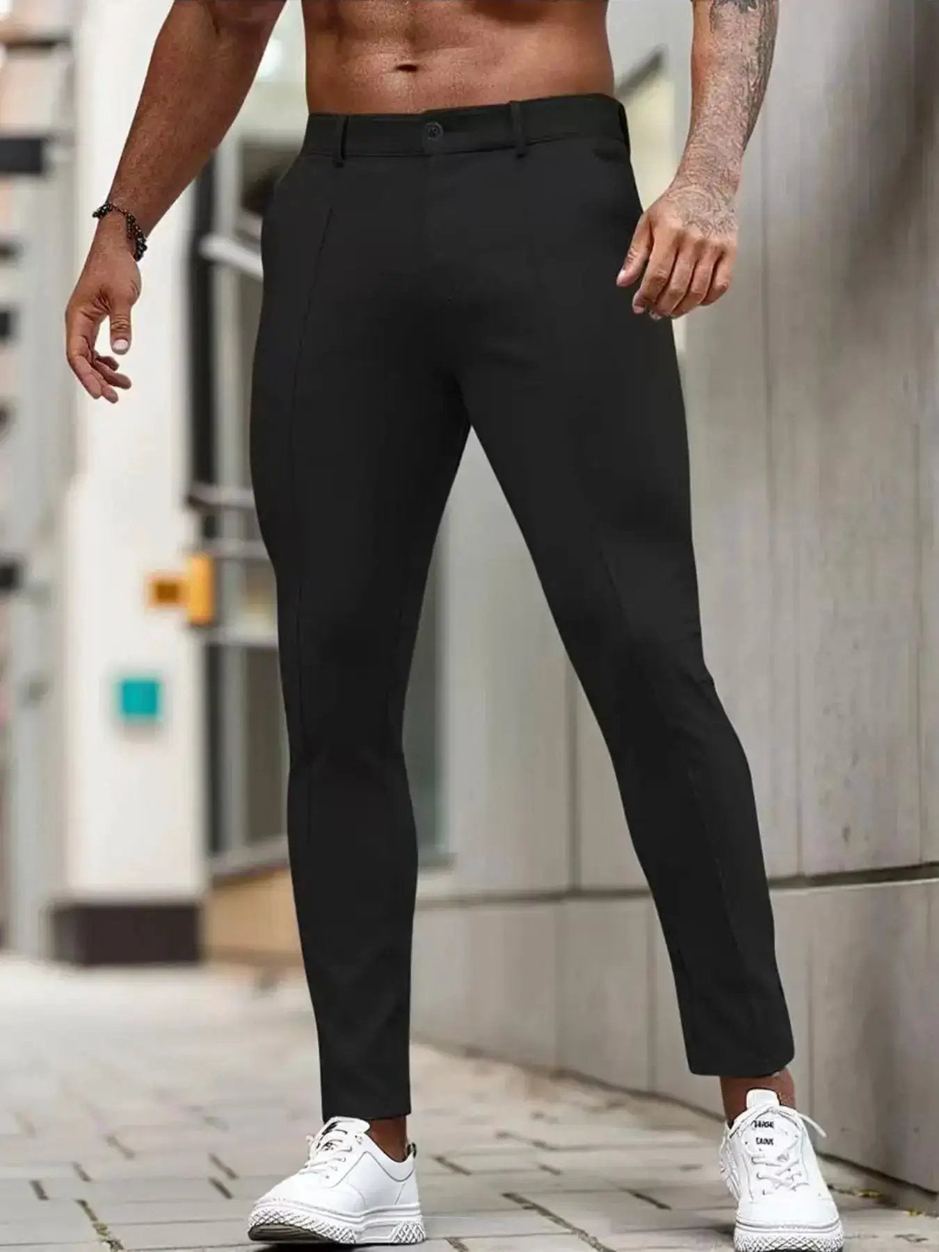 Mens Slim-Fit Solid-Color Stretch Cropped Dress Trousers by Dropshipman