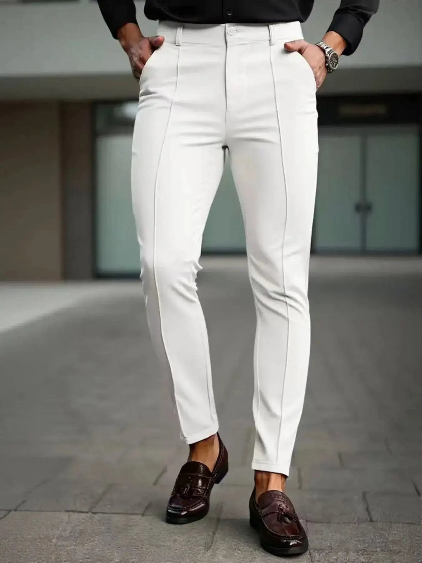 Mens Slim-Fit Solid-Color Stretch Cropped Dress Trousers by Dropshipman