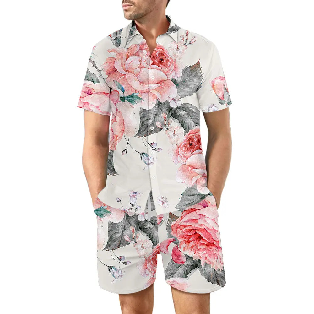 Dropshipman 2-piece printed beach shirt and shorts set for men, casual summer suit with loose lapel top and drawstring pocket shorts.