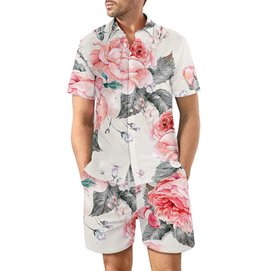 Dropshipman 2-piece printed beach shirt and shorts set for men, casual summer suit with loose lapel top and drawstring pocket shorts.