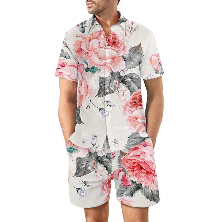 Dropshipman 2-piece printed beach shirt and shorts set for men, casual summer suit with loose lapel top and drawstring pocket shorts.