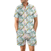Dropshipman 2-pack printed beach shirts and casual shorts for men, featuring loose fit, lapel, button tops, and drawstring pockets.