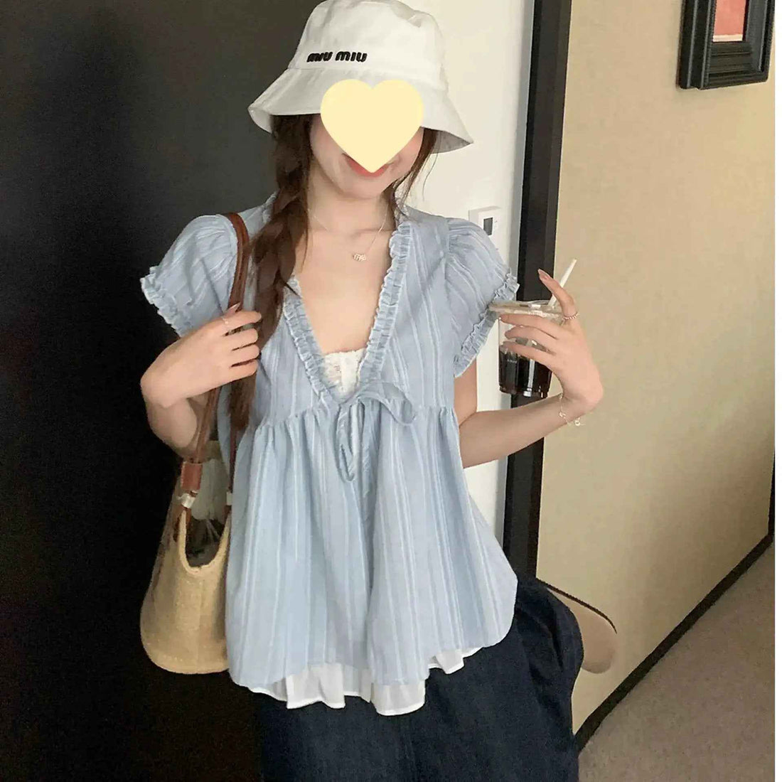 Korean-style Frilly Hem Loose-fit Korean-style Mock Two-piece Short-sleeved Blue