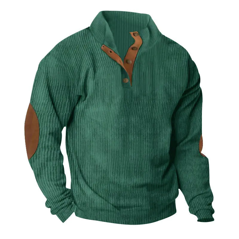 Green corduroy casual sweater with stand collar and long sleeves by Dropshipman, laid flat showing front details.