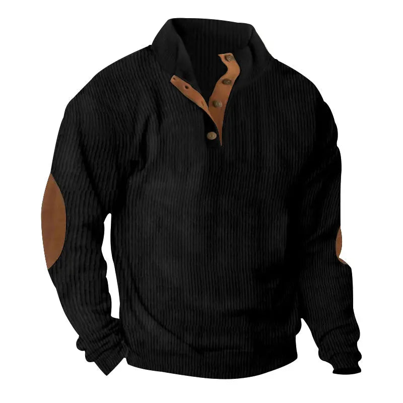 Green corduroy casual sweater with stand collar and long sleeves, by Dropshipman, shown on a model.