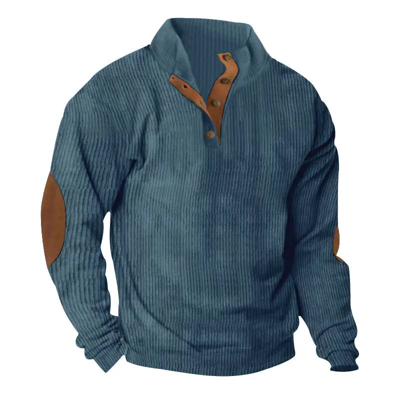 Green corduroy casual sweater with stand collar and long sleeves, designed by Dropshipman.