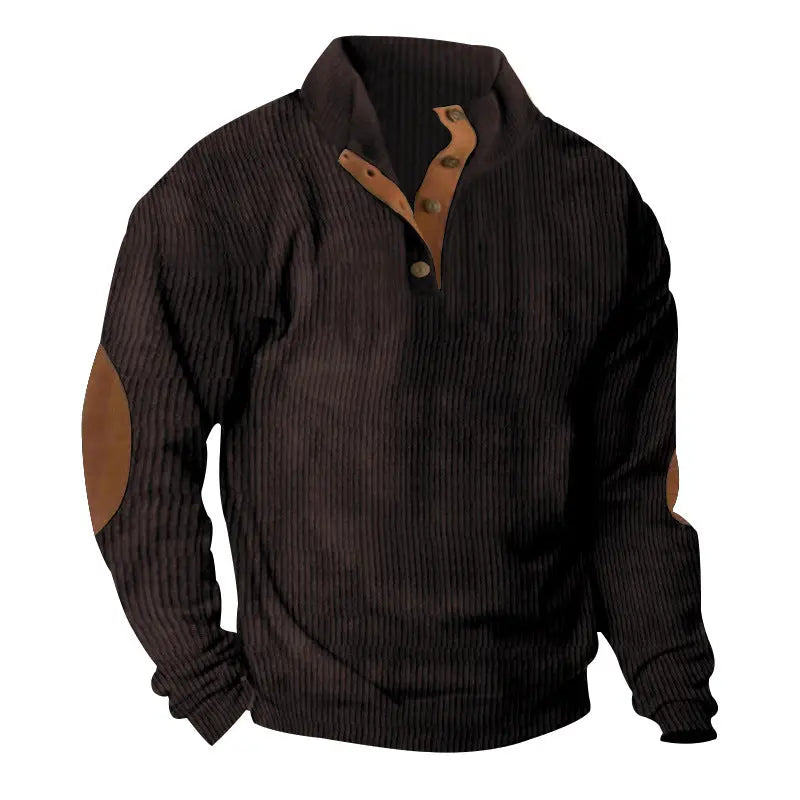 Green corduroy casual sweater with stand collar and long sleeves, by Dropshipman, shown on a model.