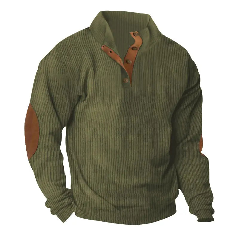 Green corduroy casual sweater with stand collar and long sleeves, from Dropshipman, displayed on a neutral background.