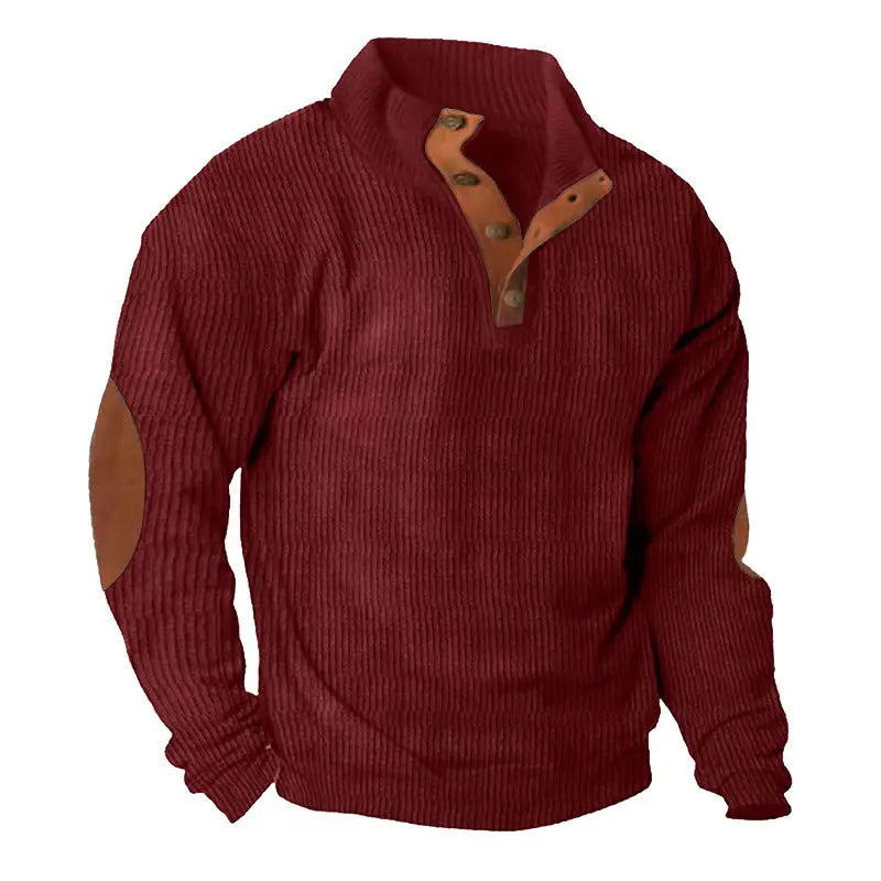 Green corduroy casual sweater by Dropshipman featuring a stand collar and long sleeves.