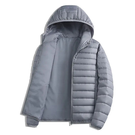 Gray loose-fit hooded top by Dropshipman, windproof and warm with sporty, casual ribbed design for autumn and winter wear.