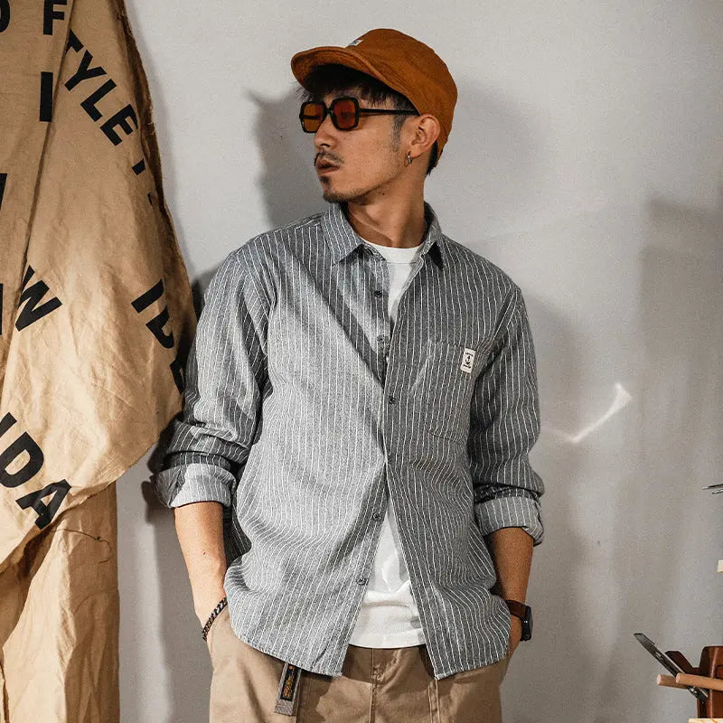Gray casual edgy-chic vertical-striped artistic shirt by Dropshipman, shown on a model with a modern, stylish fit.