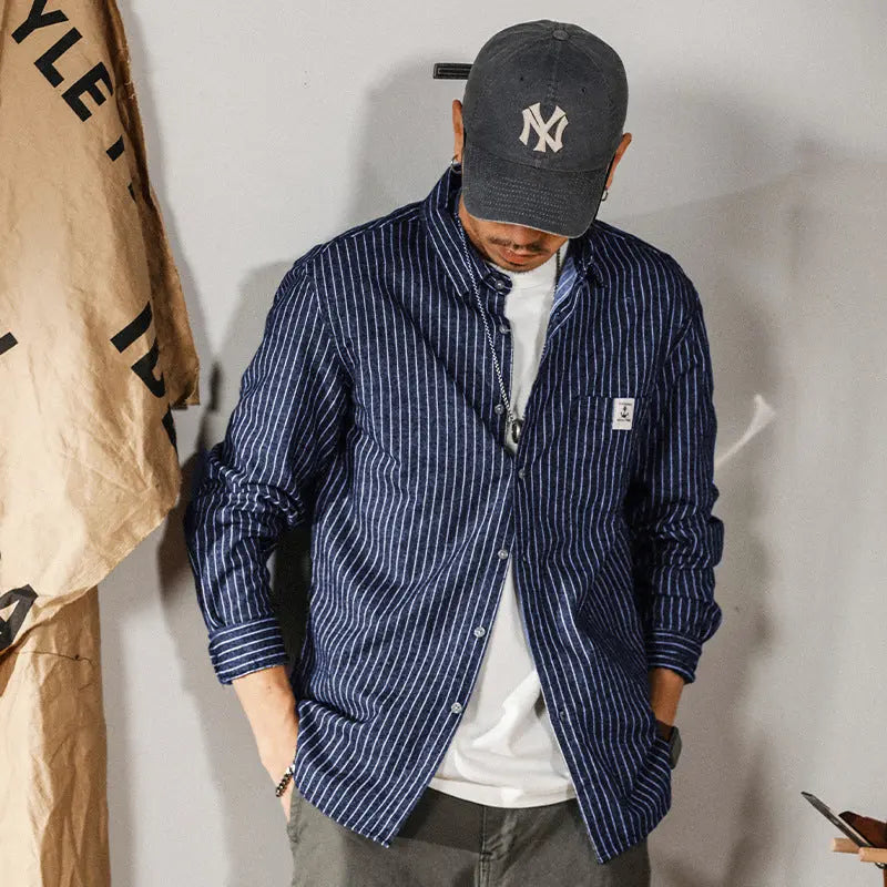 Gray casual edgy-chic vertical-striped artistic shirt by Dropshipman, featuring bold stripe patterns and stylish design.