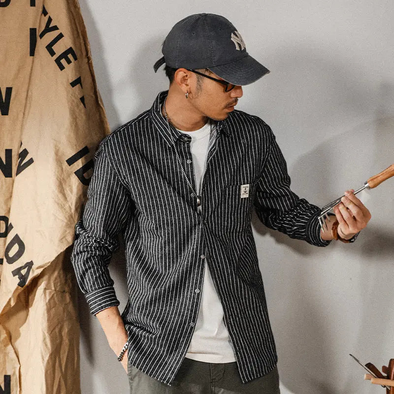 Gray casual edgy-chic vertical-striped artistic shirt by Dropshipman, featuring stylish design and modern fit.