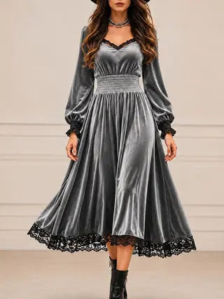Gray casual autumn lace-patchwork velvet evening dress by Dropshipman, featuring a stylish design and elegant fabric details.