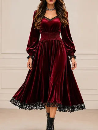 Gray casual autumn lace-patchwork velvet evening dress by Dropshipman, featuring a stylish and comfortable design.
