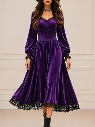 Gray casual autumn lace-patchwork velvet evening dress by Dropshipman, featuring a stylish design with lace and velvet fabric.