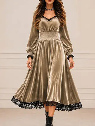Gray casual autumn lace-patchwork velvet evening dress by Dropshipman, featuring a relaxed fit and elegant design.