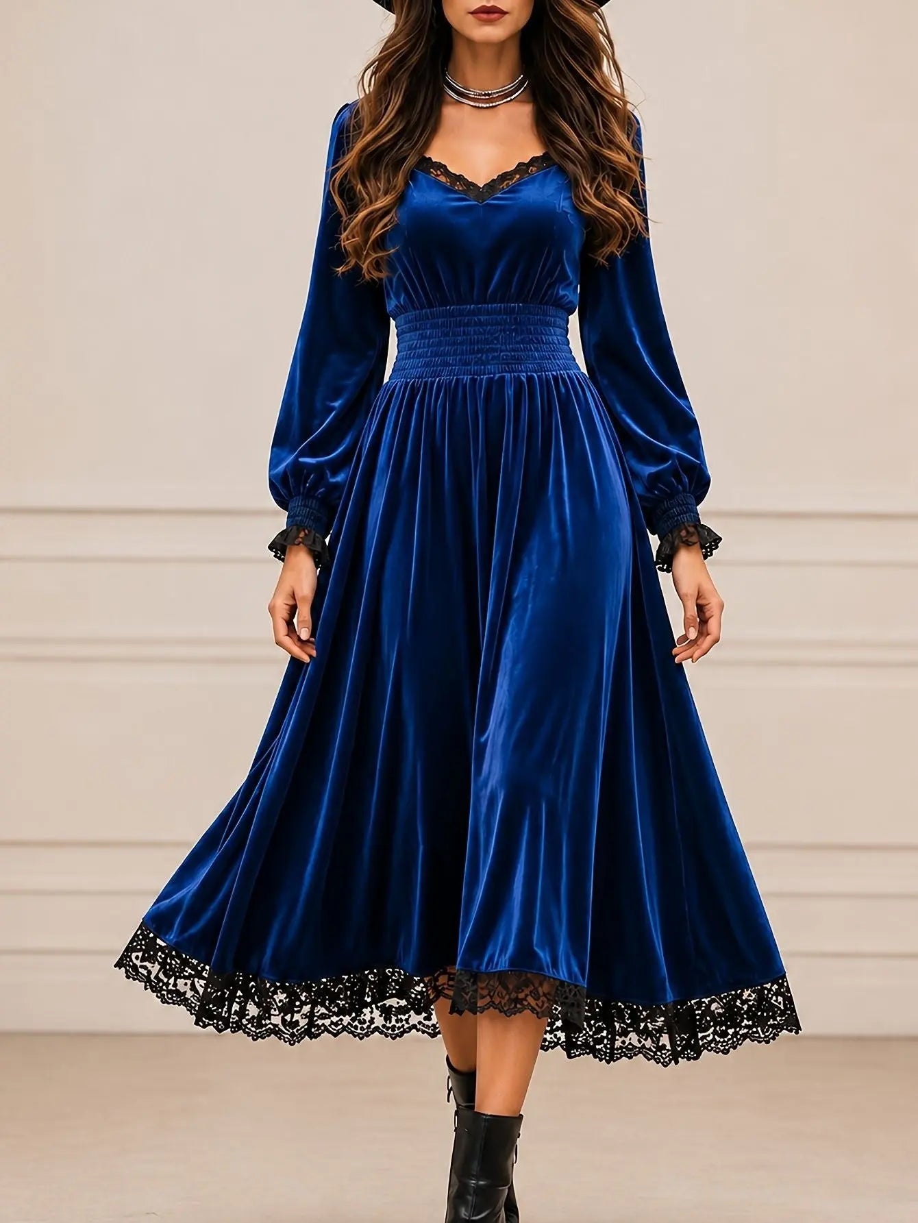 Gray casual autumn lace-patchwork velvet evening dress by Dropshipman, featuring a stylish and comfortable design.