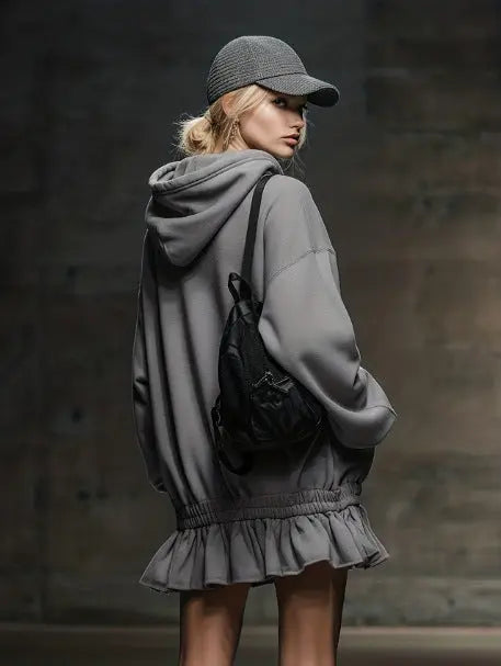Gray casual sporty commuter hooded sweatshirt dress by Dropshipman, featuring a relaxed fit with a hood and long sleeves.