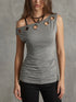 Gray off-shoulder T-shirt top by Dropshipman with hollow-out pleated design and solid color, casual and stylish.