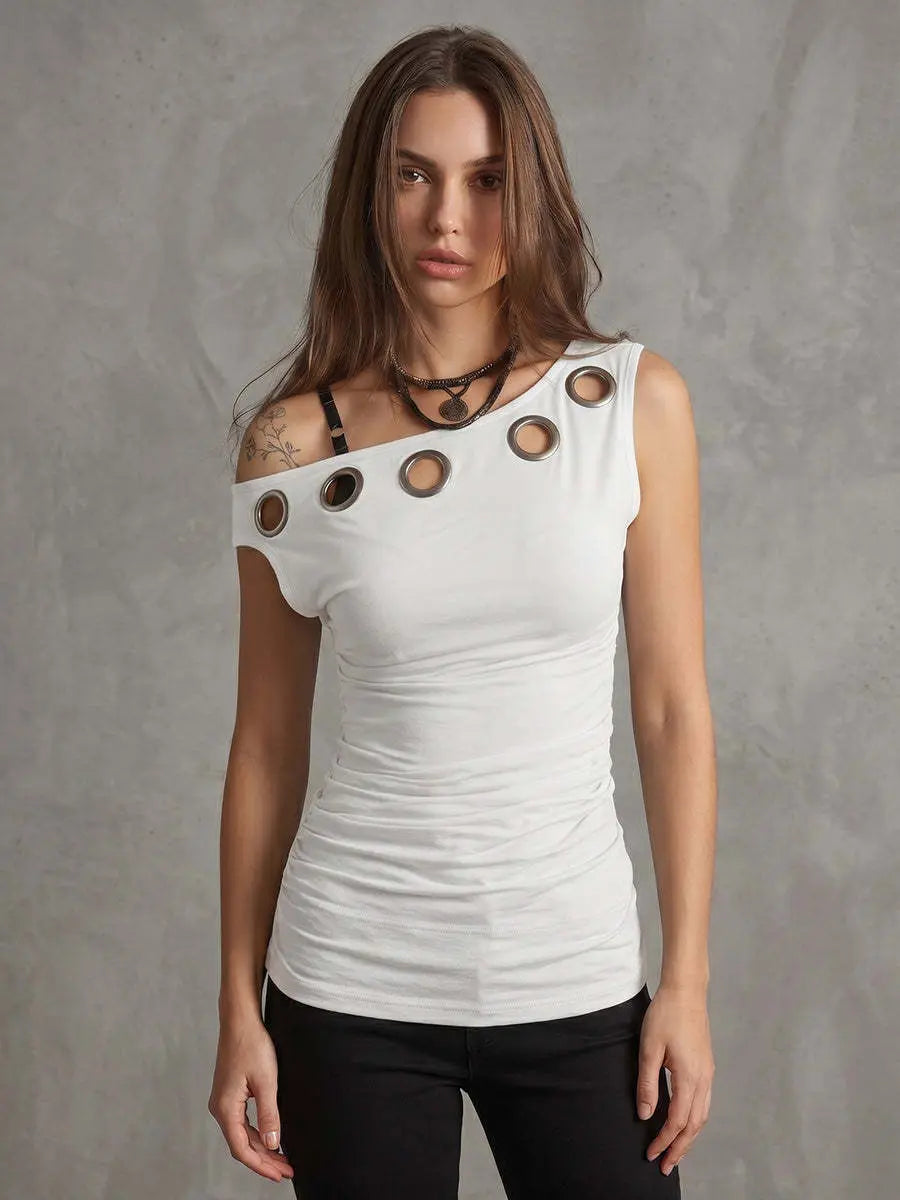Gray hollow-out pleated off-shoulder T-shirt top by Dropshipman, featuring solid color and stylish design.