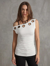 Gray hollow-out pleated off-shoulder T-shirt top by Dropshipman, featuring solid color and stylish design.