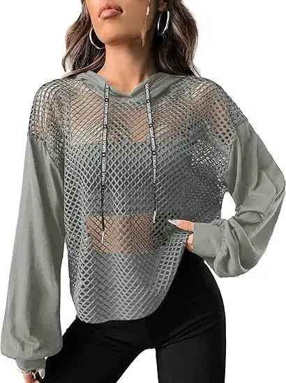 Mesh-Panel Casual Loose-Fit Sports Hoodie For Women