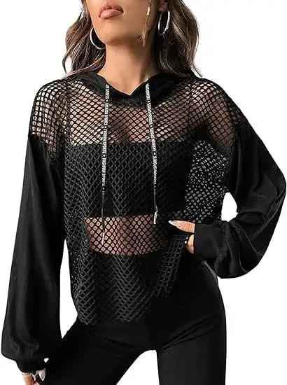 Mesh-Panel Casual Loose-Fit Sports Hoodie For Women