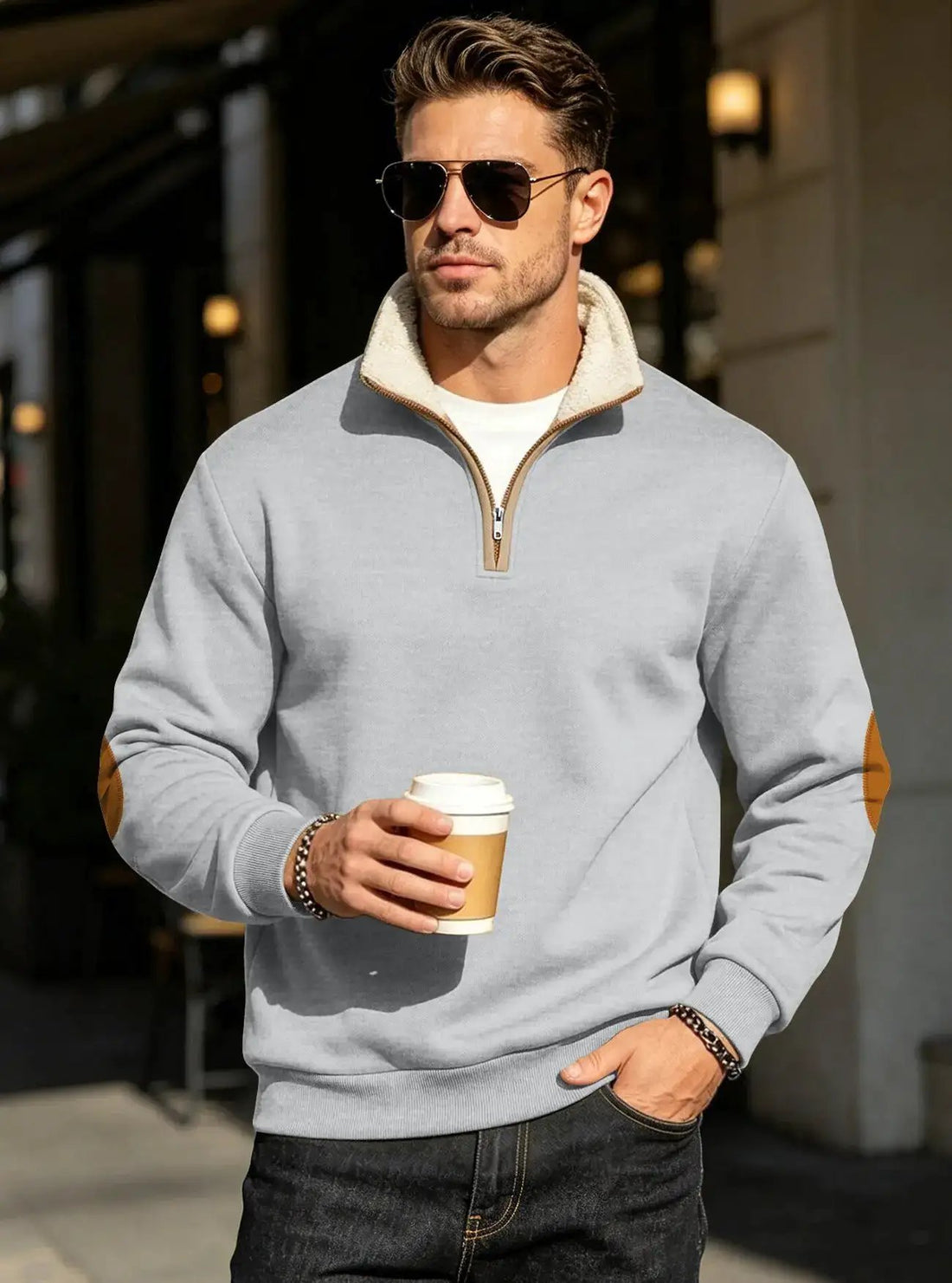 Retro Patchwork Embroidered Half-Placket Mens Long-Sleeve Sweatshirt by Dropshipman
