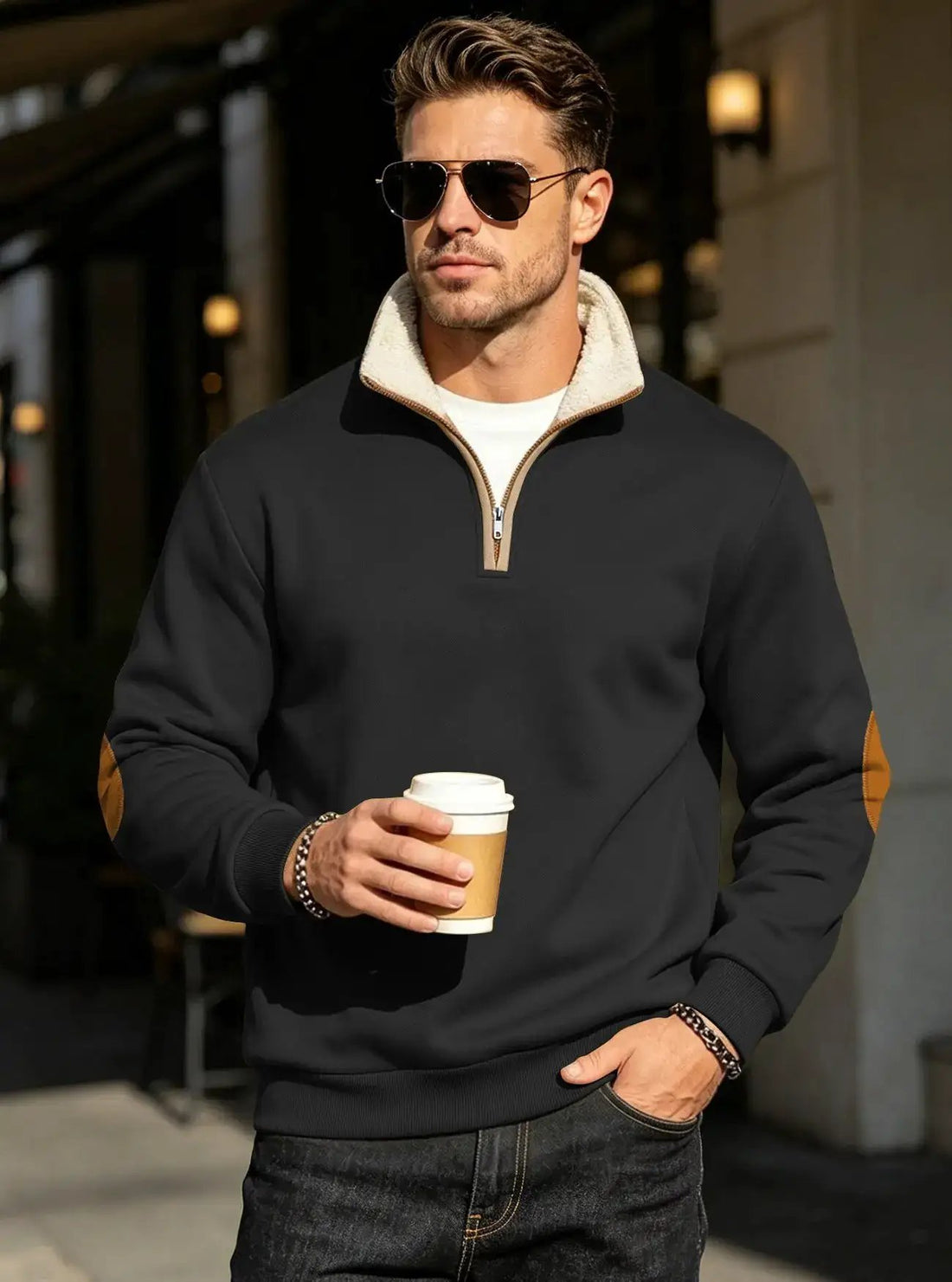 Retro Patchwork Embroidered Half-Placket Mens Long-Sleeve Sweatshirt by Dropshipman