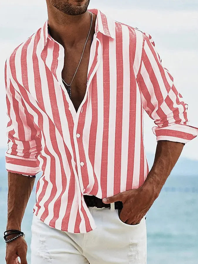Light gray striped print casual long-sleeved shirt for men, loose fit, made by Dropshipman.