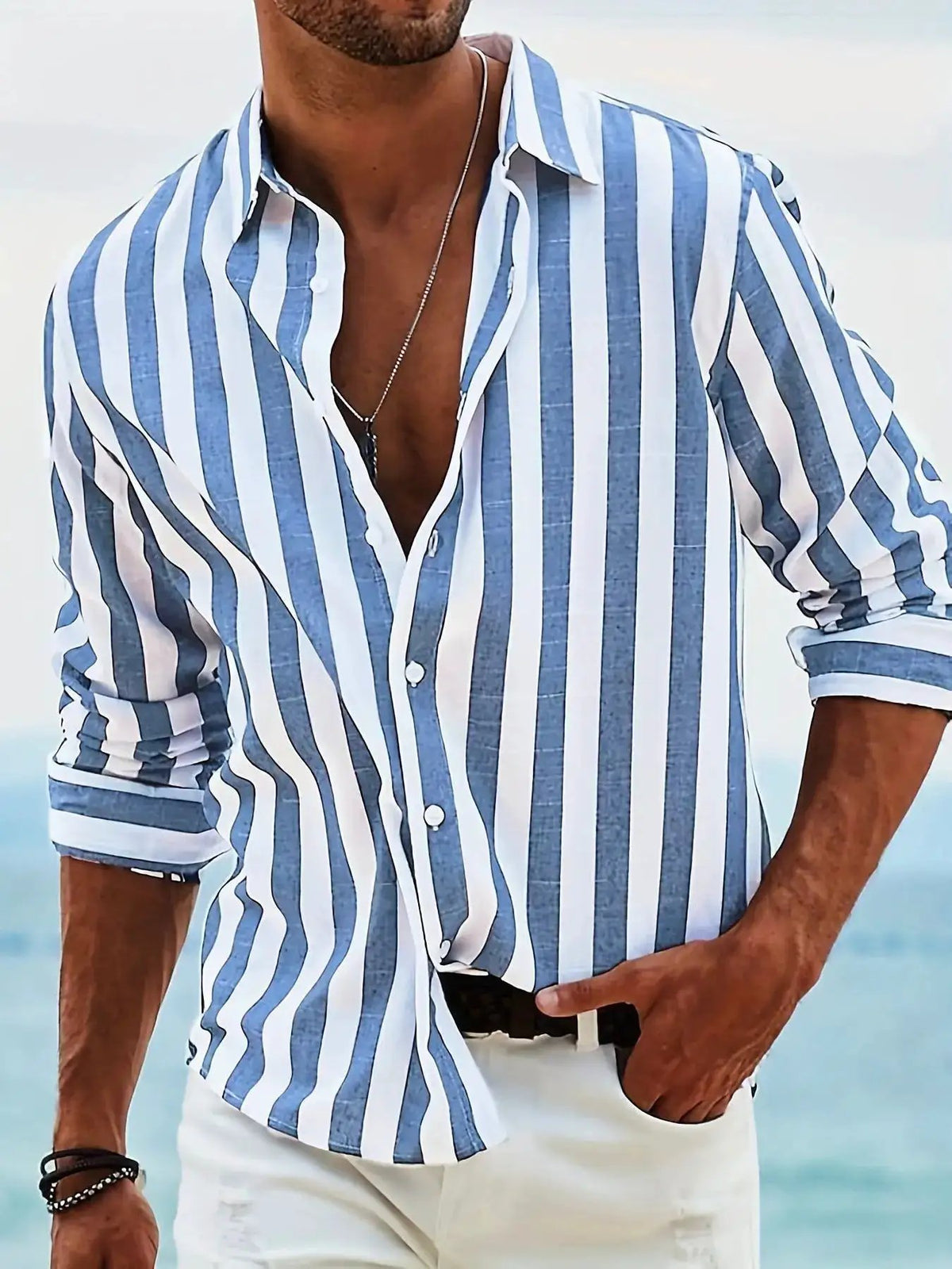 Striped Print Shirt Casual Loose Long-sleeved Shirt Men&