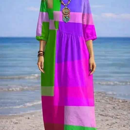Loose-fit Printed Round-neck Dress For European And American Vacations