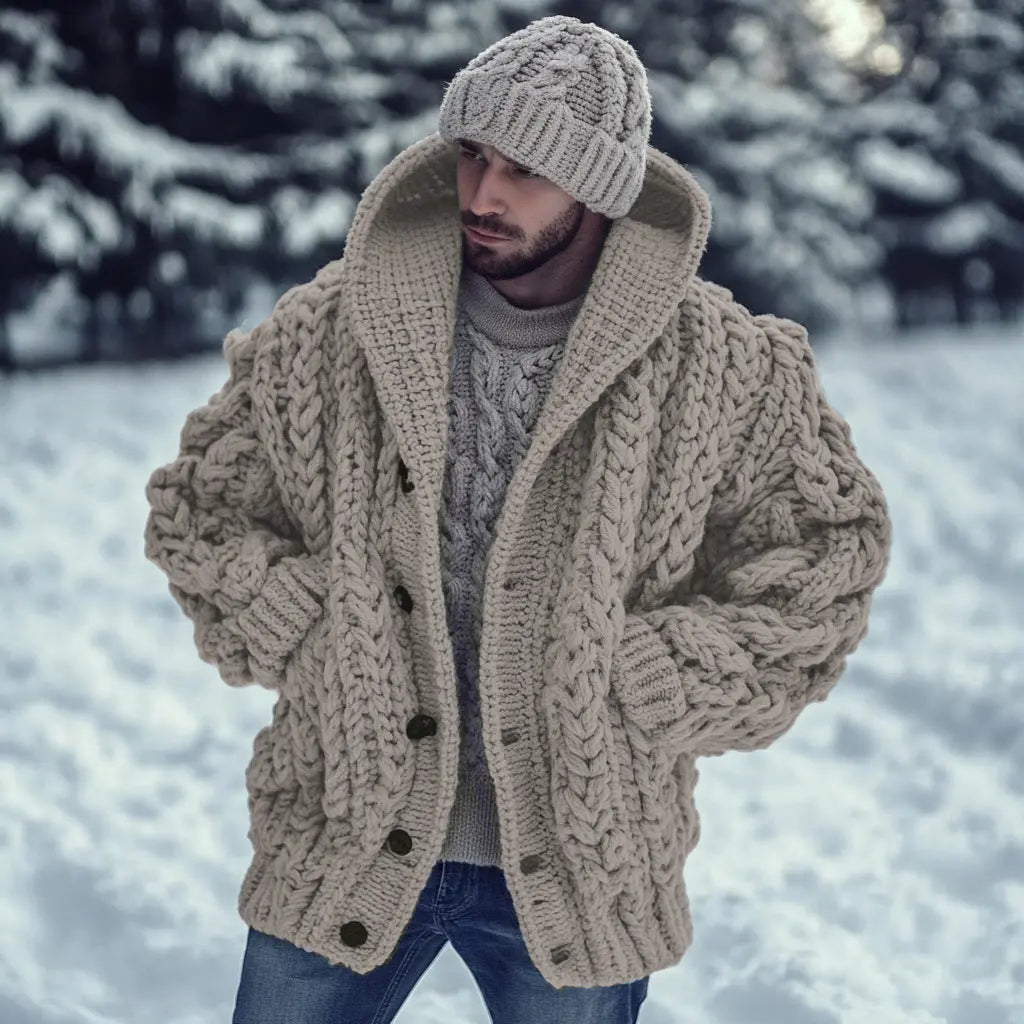 Retro hooded knitted cardigan cape outerwear by Dropshipman, laid-back style with cozy knit fabric and hooded design.