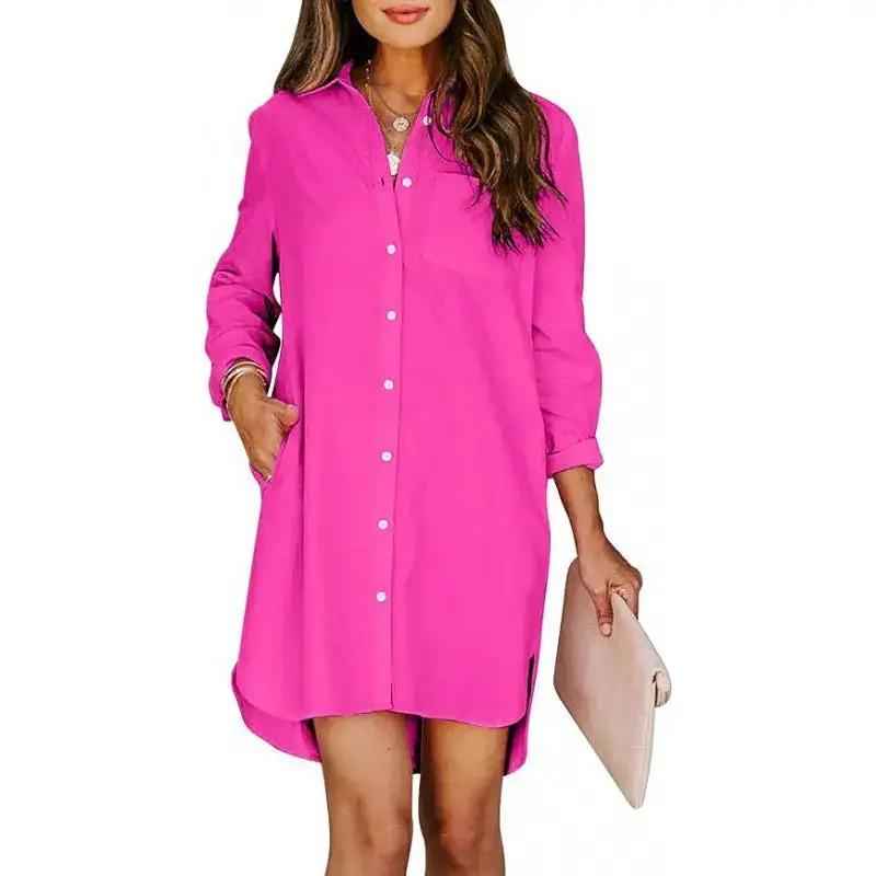 Pocketed Cotton-buttoned Belted Long-sleeved Solid-color High-low Blouse