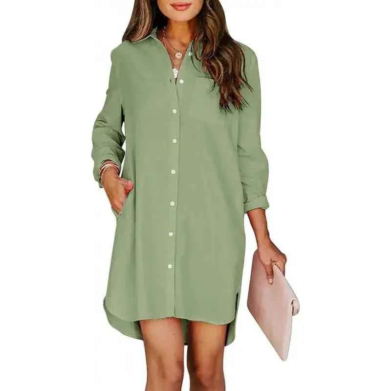 Pocketed Cotton-buttoned Belted Long-sleeved Solid-color High-low Blouse