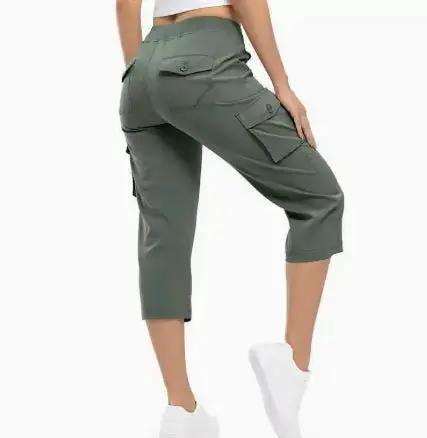 Khaki ladies' 7-inch lightweight hiking and outdoor travel loose shorts by Dropshipman, shown on a model.