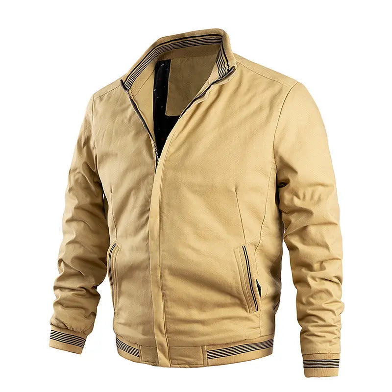 Dropshipman khaki casual versatile relaxed-fit jacket displayed on a hanger, lightweight and suitable for everyday wear.