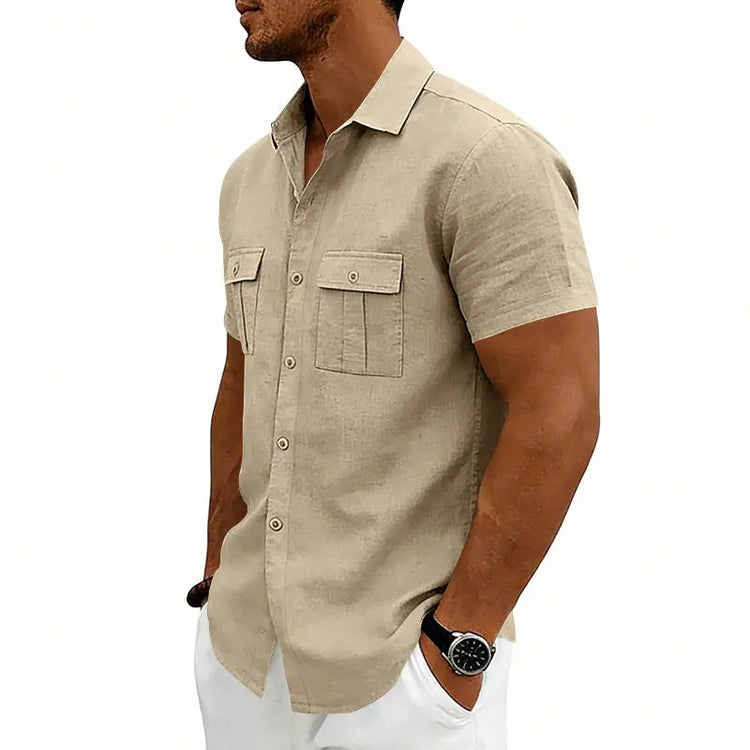Khaki American-style casual loose-fit T-shirt with two front pockets by Dropshipman, comfortable and stylish for everyday wear.