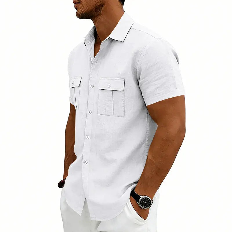 Khaki American-style casual loose-fit T-shirt with two front pockets, made by Dropshipman, worn casually.