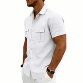 Khaki American-style casual loose-fit T-shirt with two front pockets, made by Dropshipman, worn casually.